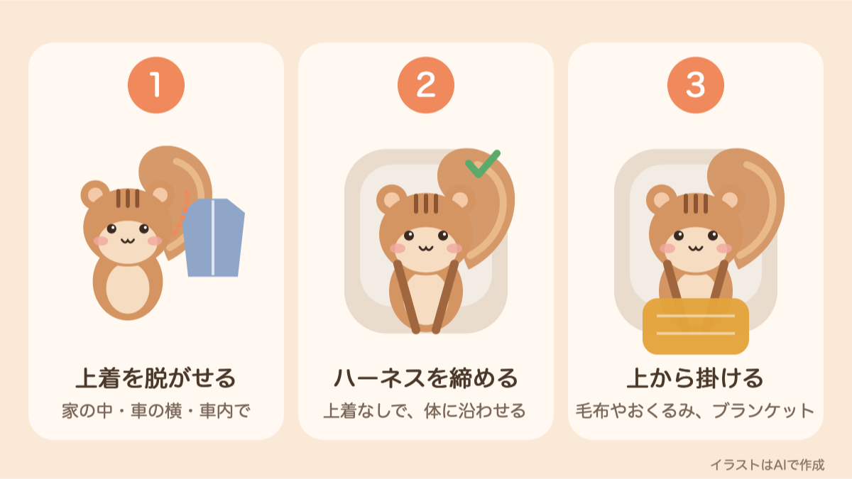 上着を脱がせる、ハーネスを締める、上から掛ける、の3ステップのイラスト